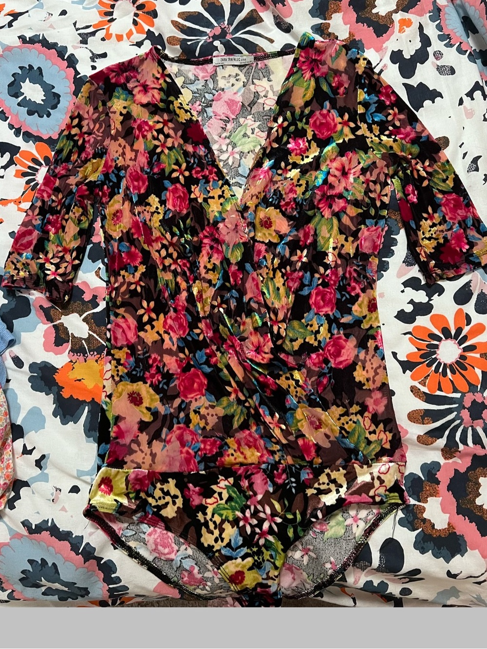 Zara Velvet Floral Wrap V neck Bodysuit with Sheer Sleeves